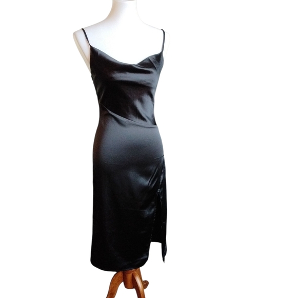 Vintage D&M Satin Slip Dress Black Draped Front High Cut Slit Midi Dress Sz XS - Picture 1 of 9